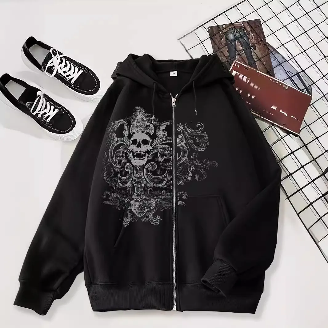 Joskaa hipster 2024 New Cardigan Sweater Dark Skull Casual American Zipper Men's Style Hoodie Black Trendy Black Coat