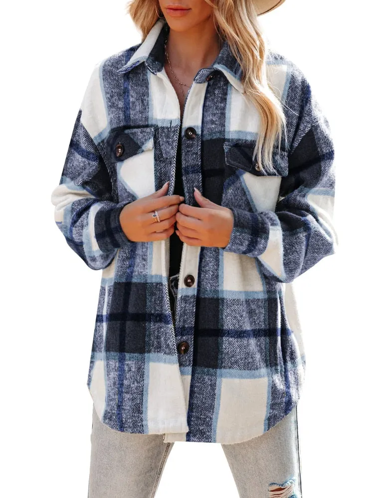 Joskaa Plaid Jacket Women Coat 2024 New Autumn Winter Vintage Stylish Pockets Oversized Jacket Coat Long-Sleeved Casual Warm Chic Tops