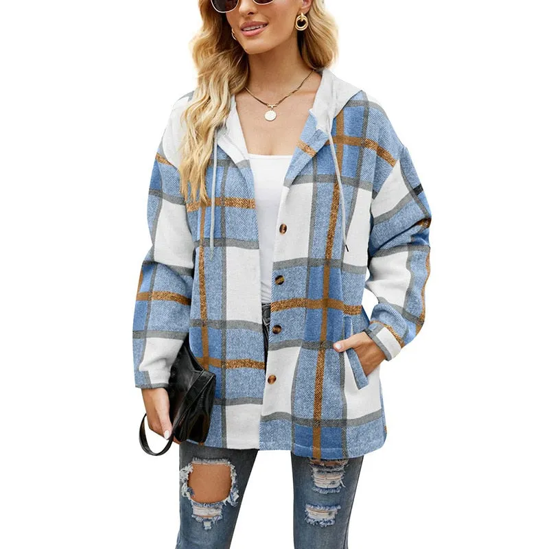 Joskaa Shirt Coat Comfortable Casual Women's Clothing 2024 Autumn/ Winter Fashion New Hooded Plaid Pattern Woolen Coat Ladies Loose Top