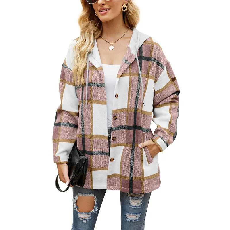 Joskaa Shirt Coat Comfortable Casual Women's Clothing 2024 Autumn/ Winter Fashion New Hooded Plaid Pattern Woolen Coat Ladies Loose Top