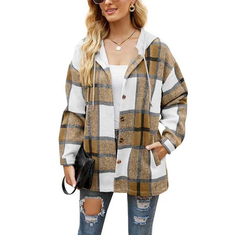 Joskaa Shirt Coat Comfortable Casual Women's Clothing 2024 Autumn/ Winter Fashion New Hooded Plaid Pattern Woolen Coat Ladies Loose Top