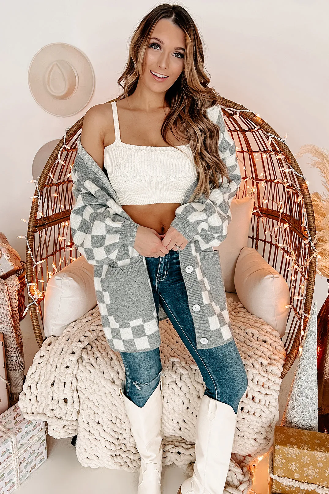 Keep It Cuddly Oversized Checkered Cardigan (Grey)