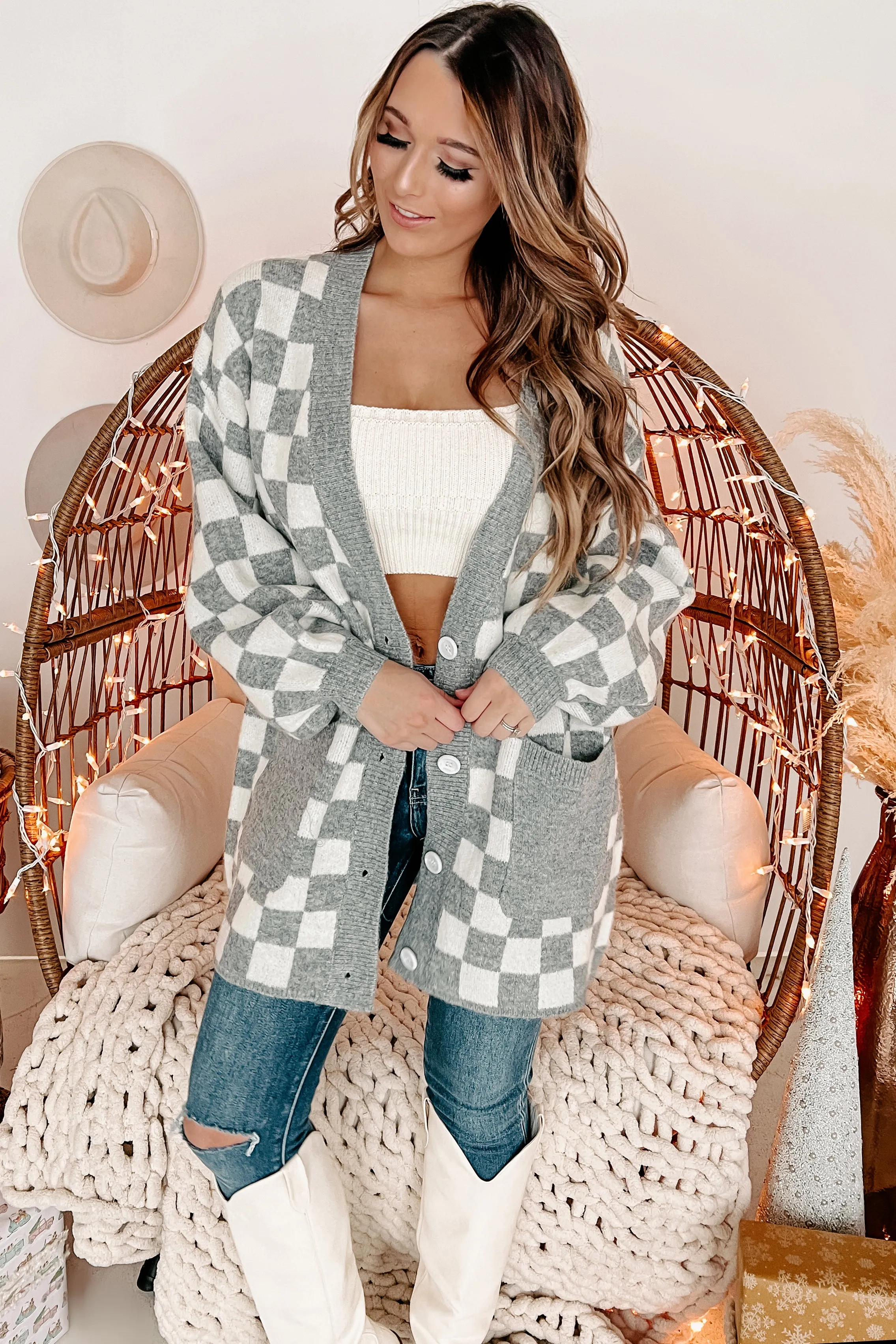 Keep It Cuddly Oversized Checkered Cardigan (Grey)