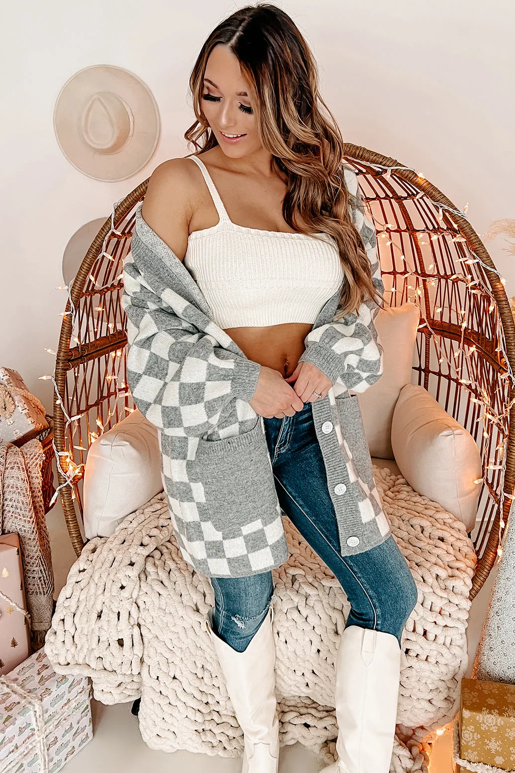 Keep It Cuddly Oversized Checkered Cardigan (Grey)