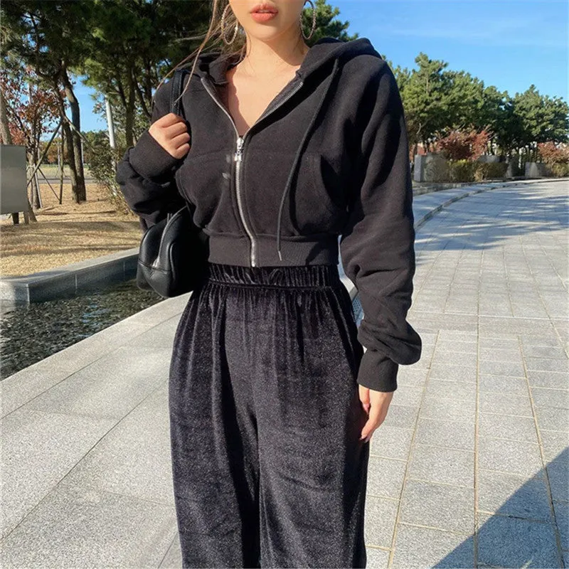 Lanfubeisi Autumn and Winter New Korean Style Hooded High Waist Casual Zipper Cardigan Coat Fashionable Sports Short Sweater Women's Fashion