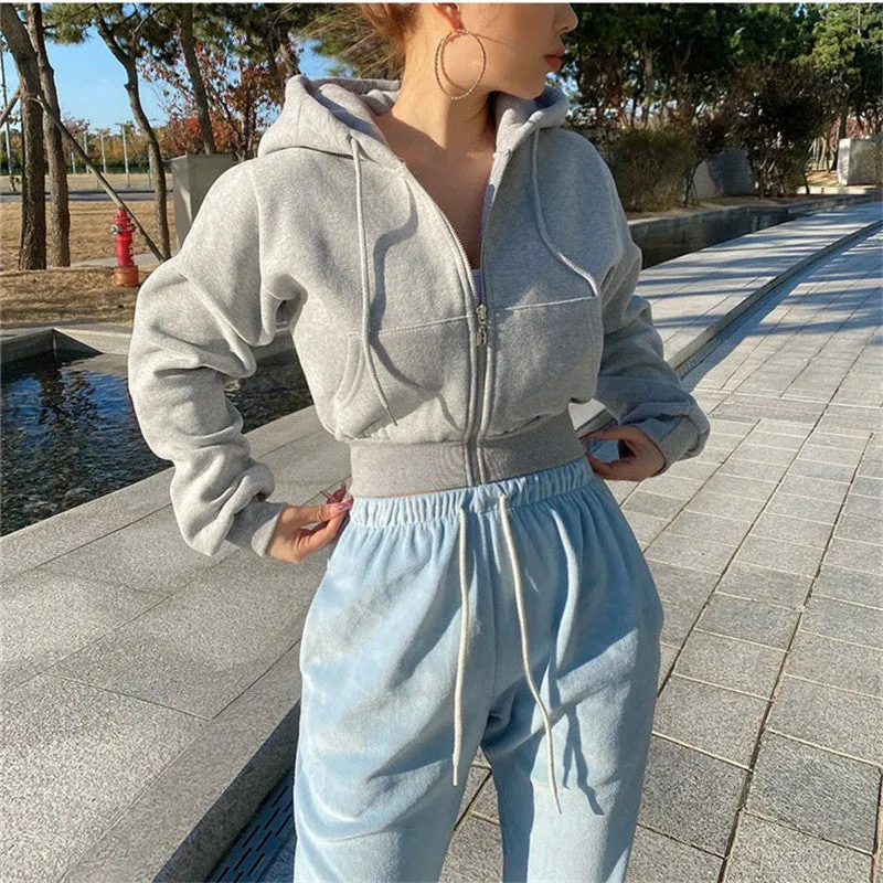 Lanfubeisi Autumn and Winter New Korean Style Hooded High Waist Casual Zipper Cardigan Coat Fashionable Sports Short Sweater Women's Fashion