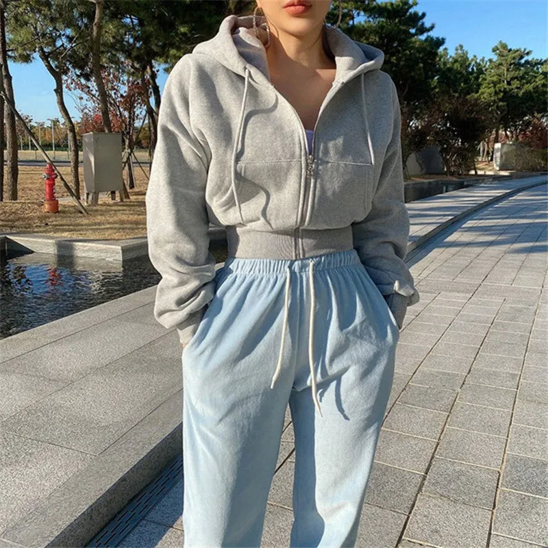 Lanfubeisi Autumn and Winter New Korean Style Hooded High Waist Casual Zipper Cardigan Coat Fashionable Sports Short Sweater Women's Fashion