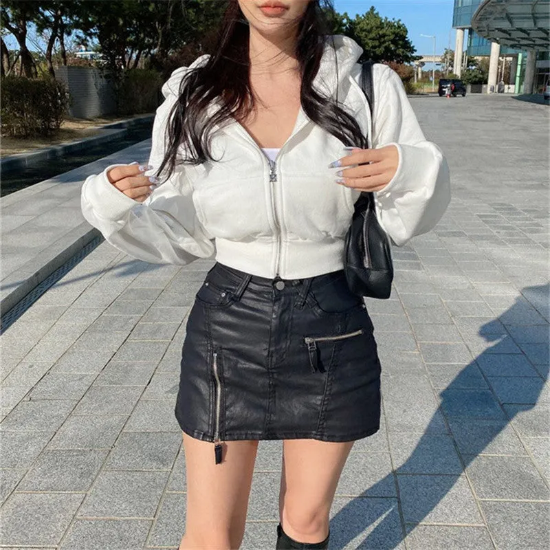 Lanfubeisi Autumn and Winter New Korean Style Hooded High Waist Casual Zipper Cardigan Coat Fashionable Sports Short Sweater Women's Fashion