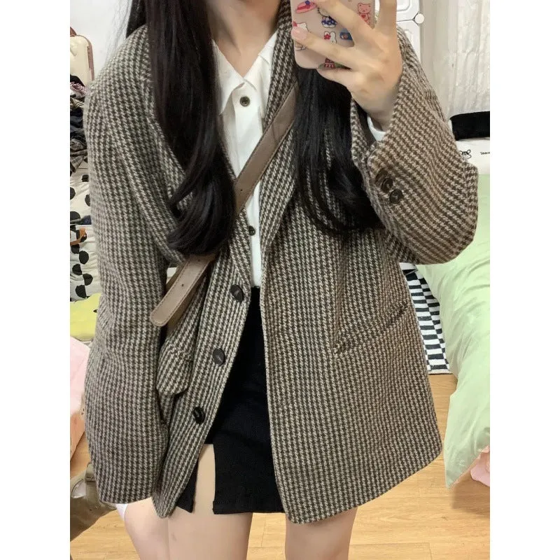 Lanfubeisi leapord halloween outfit Plaid Coat for Women Spring and Autumn Korean Style Retro High-Grade Woolen Suit Woolen Suit