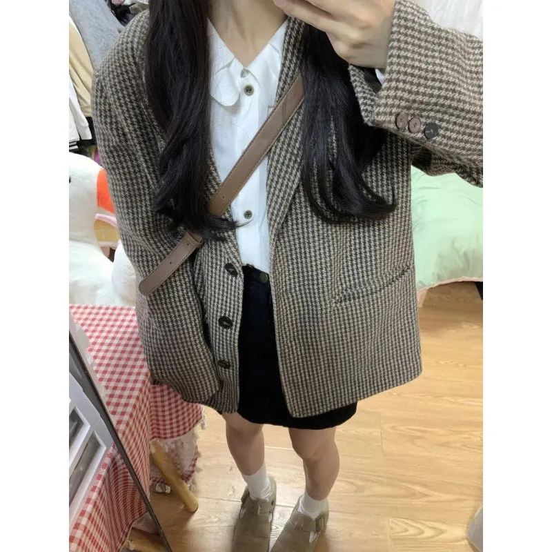 Lanfubeisi leapord halloween outfit Plaid Coat for Women Spring and Autumn Korean Style Retro High-Grade Woolen Suit Woolen Suit