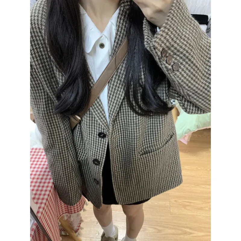 Lanfubeisi leapord halloween outfit Plaid Coat for Women Spring and Autumn Korean Style Retro High-Grade Woolen Suit Woolen Suit