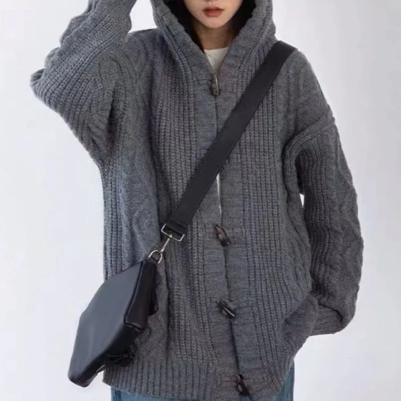 Lanfubeisi outfit inspo Retro Green Horn Buckle Twist Sweater Coat for Women Spring and Autumn Loose Lazy Hooded Knitted Cardigan Thickened Upper