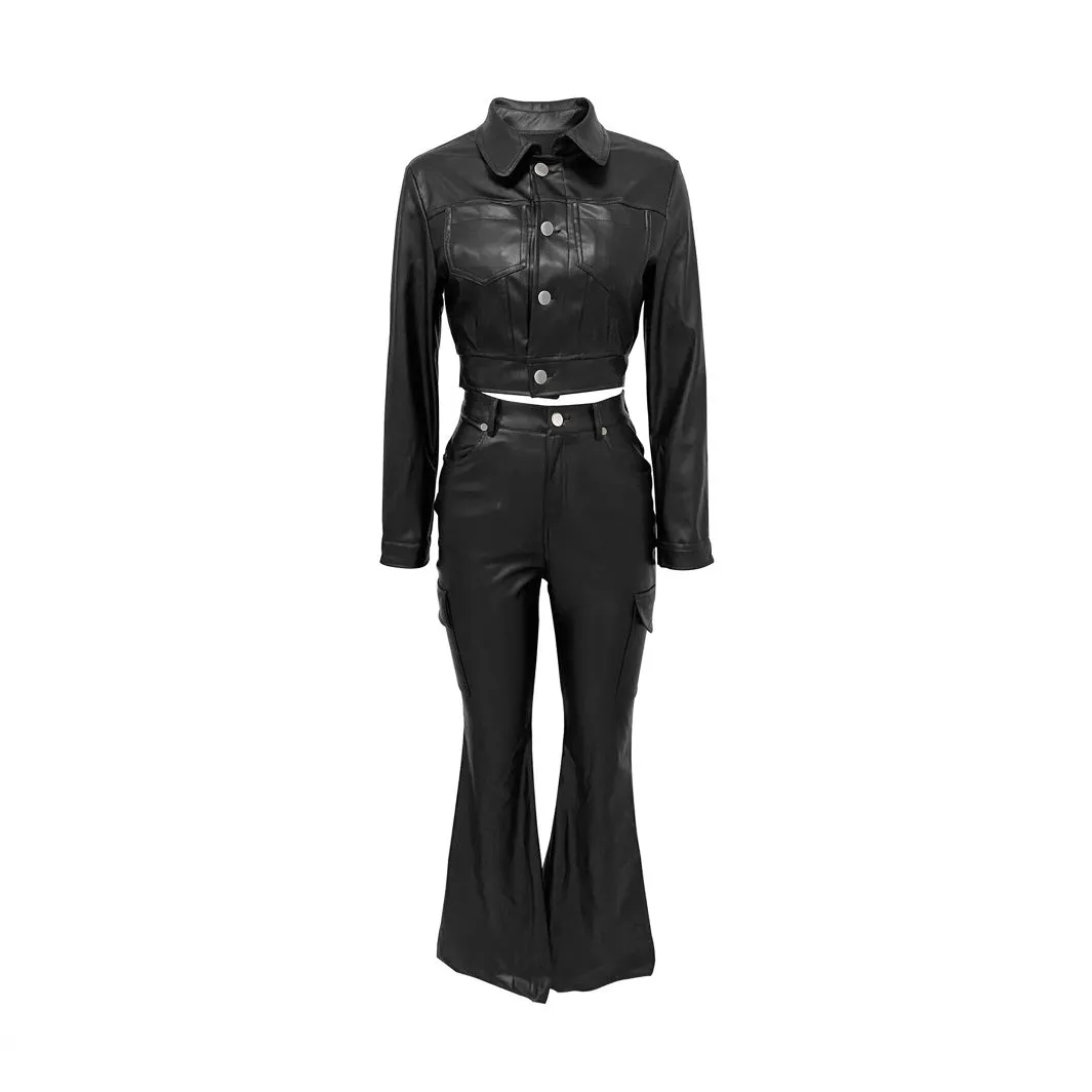 Lanfubeisi tailgate outfit black women Autumn and Winter Women's Suit Leather Coat Cardigan Sports Trousers Suit