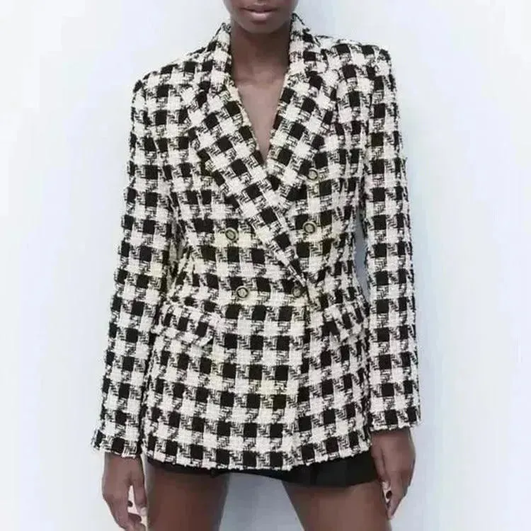 Lapel Long Sleeve Double Breasted Houndstooth Coat Top For Women