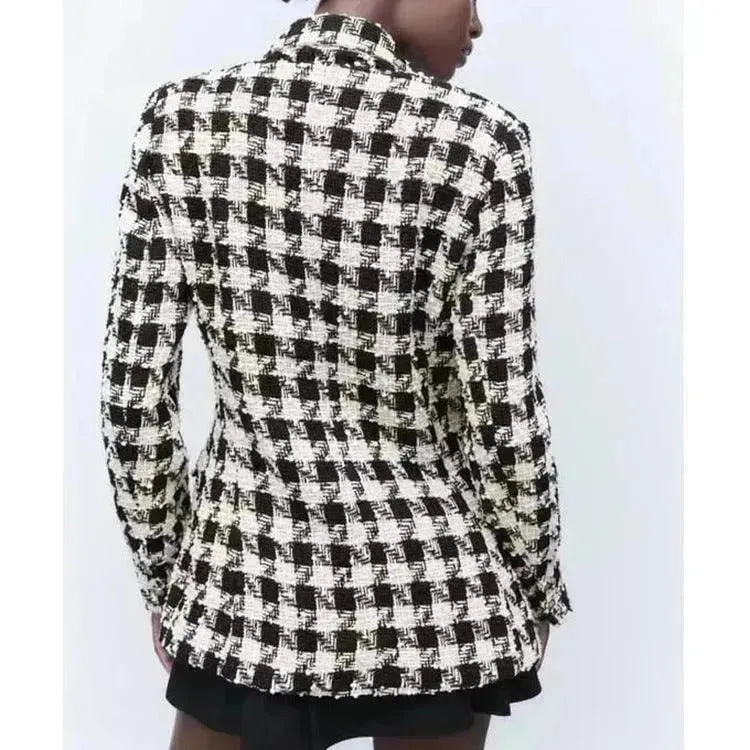 Lapel Long Sleeve Double Breasted Houndstooth Coat Top For Women