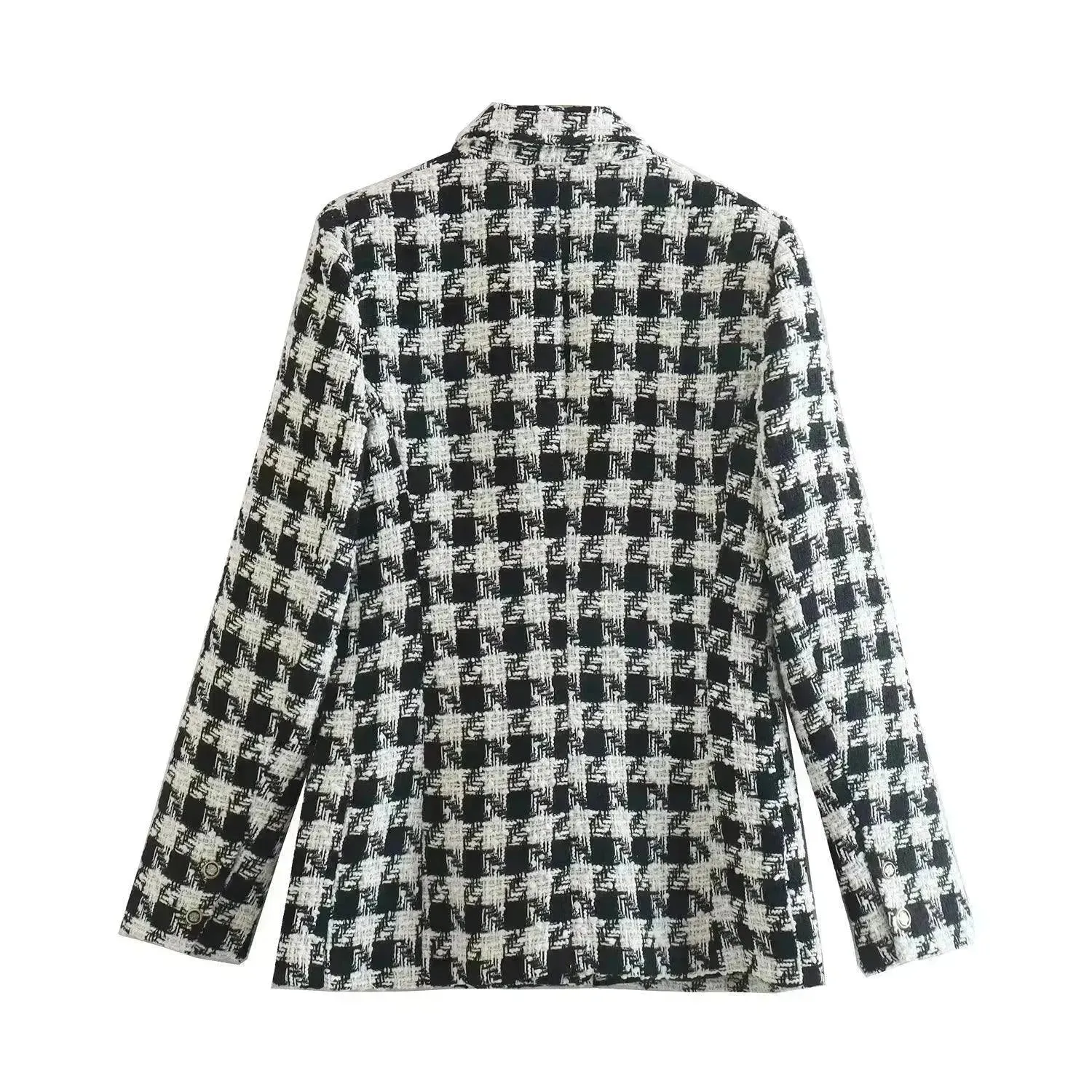 Lapel Long Sleeve Double Breasted Houndstooth Coat Top For Women