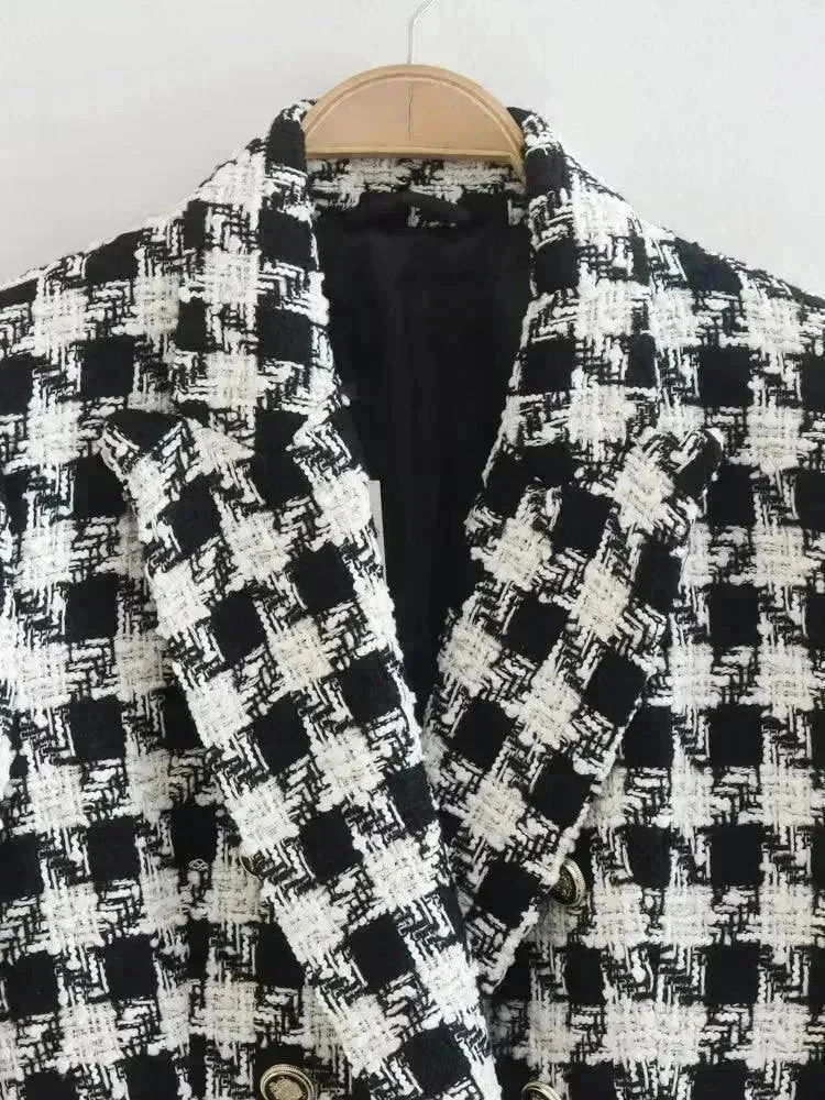 Lapel Long Sleeve Double Breasted Houndstooth Coat Top For Women