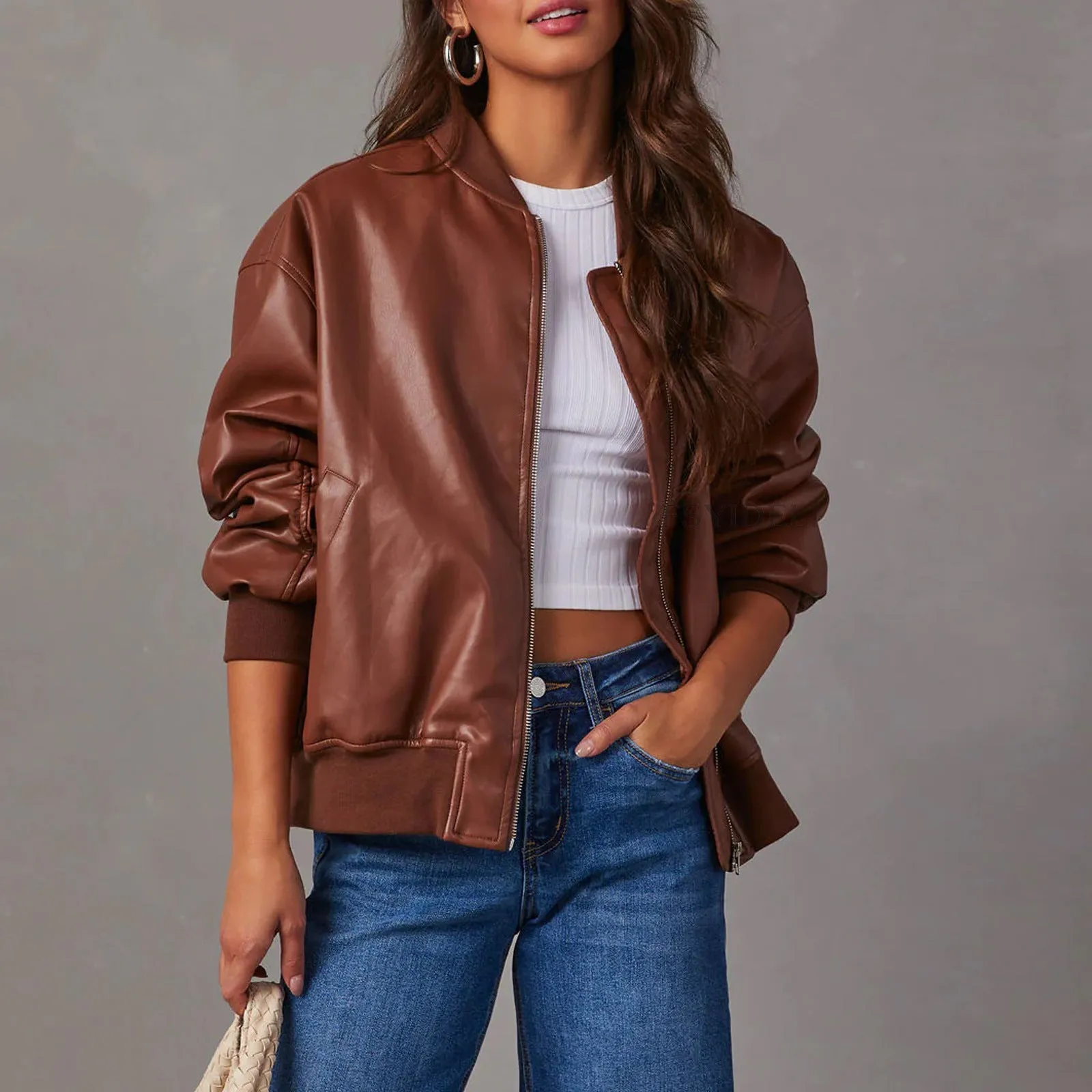 Leather Baseball Uniform Jacket Long-sleeved Motorcycle Women Jacket Leather Coat