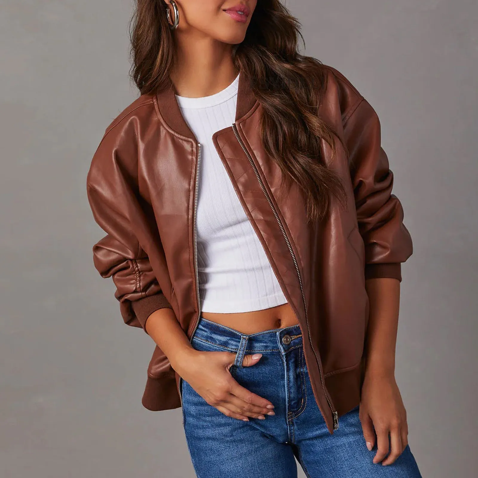 Leather Baseball Uniform Jacket Long-sleeved Motorcycle Women Jacket Leather Coat