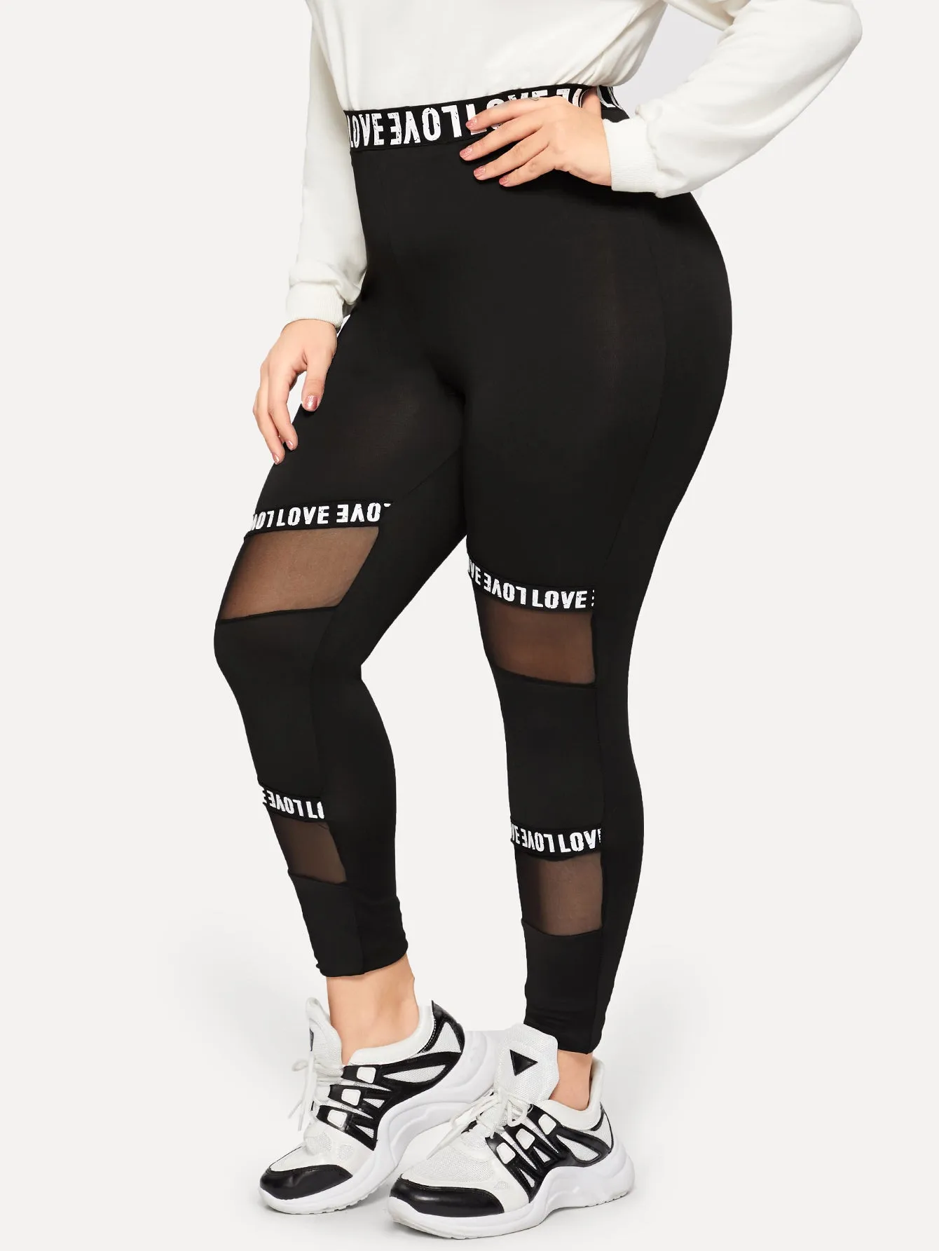 Letter Contrast Mesh Long Plus Size Leggings