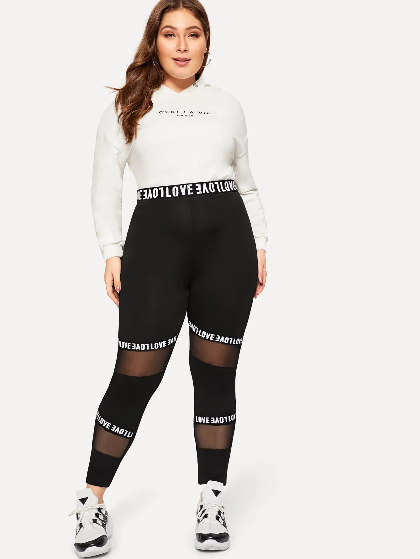 Letter Contrast Mesh Long Plus Size Leggings