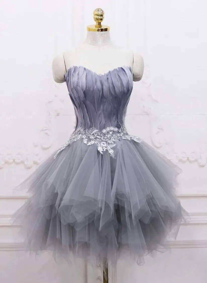 Light Grey Feather and Tulle Short Party Dress, Lovely Homecoming Dress