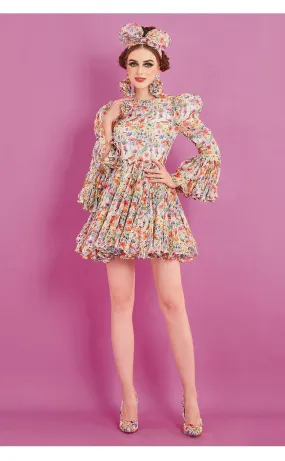 Long sleeve pleaded mini elegant cocktail floral dress- Fiona