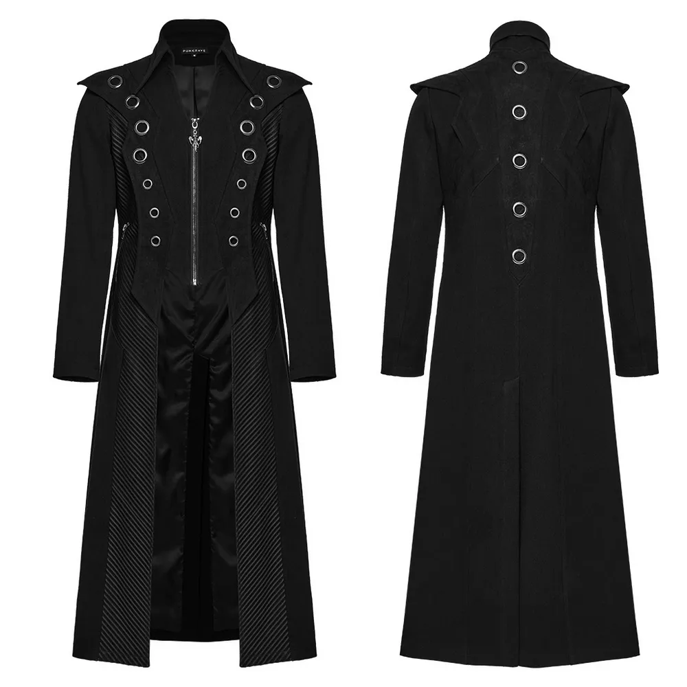 Men’s Punk Long Coat with Metal and Mesh Details