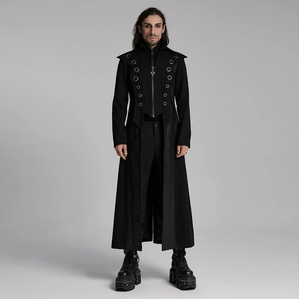 Men’s Punk Long Coat with Metal and Mesh Details