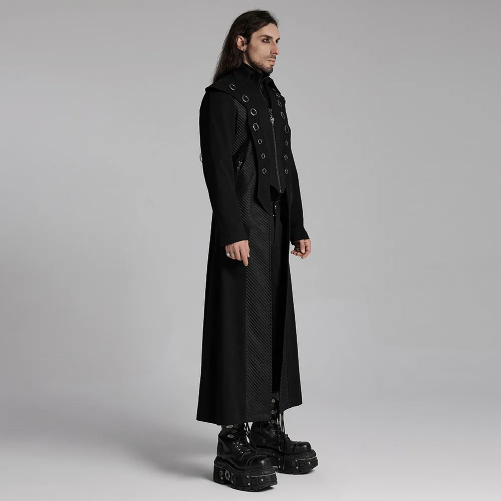 Men’s Punk Long Coat with Metal and Mesh Details