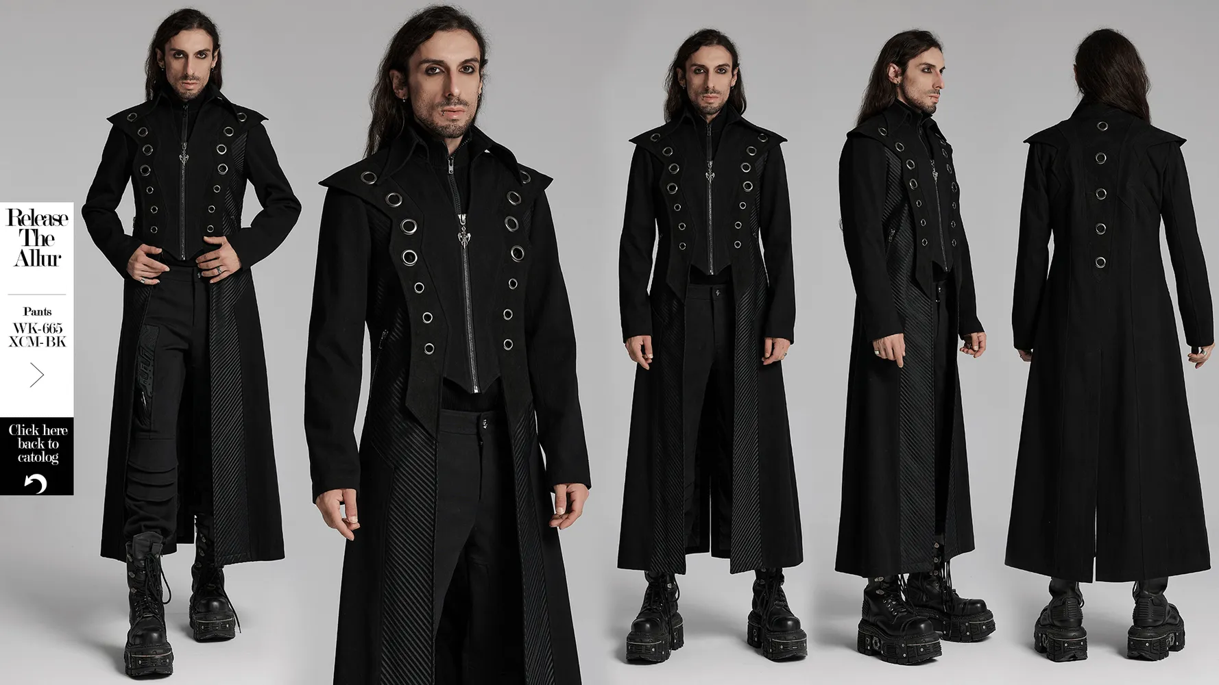 Men’s Punk Long Coat with Metal and Mesh Details