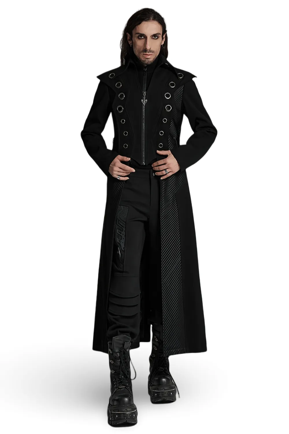 Men’s Punk Long Coat with Metal and Mesh Details