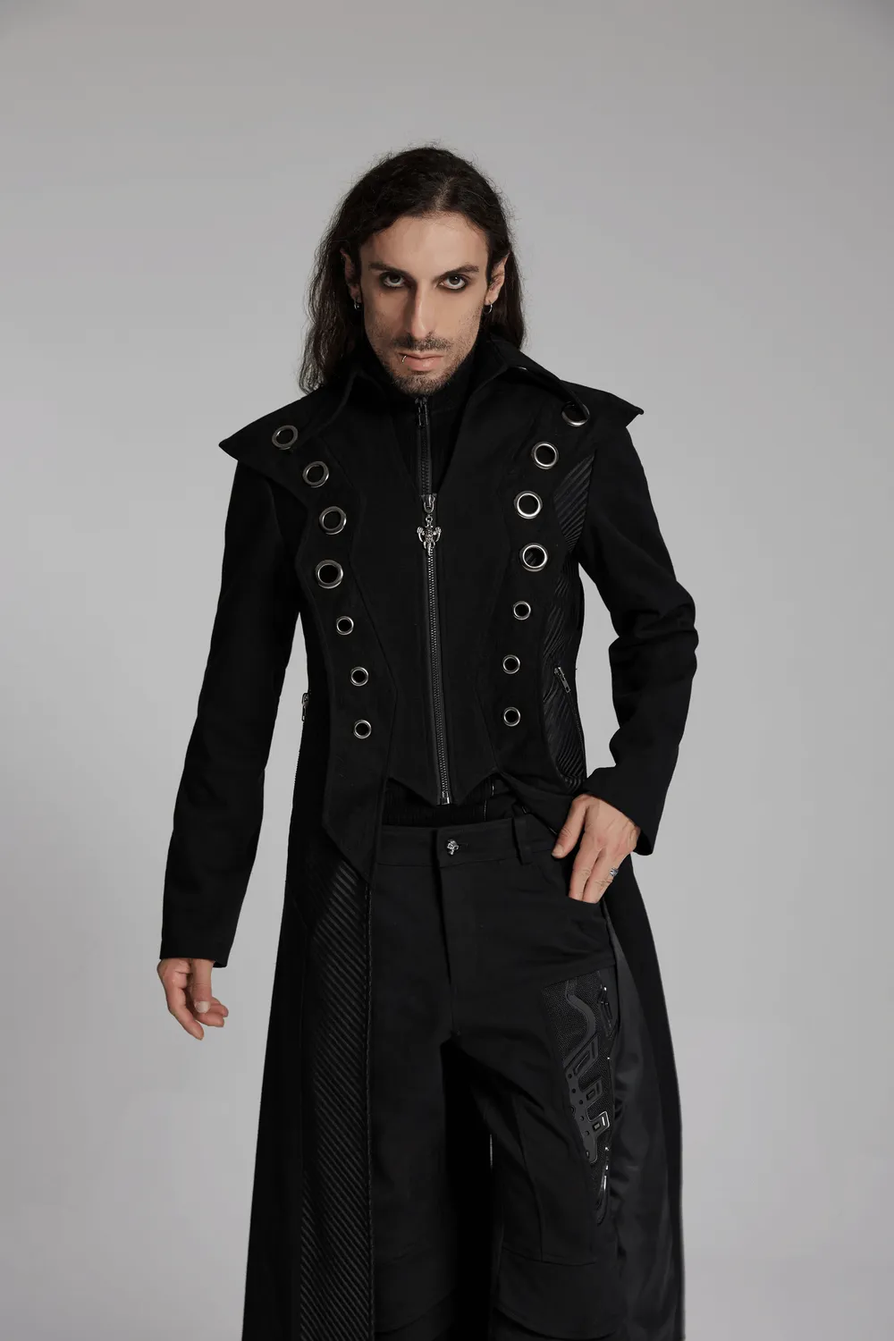 Men’s Punk Long Coat with Metal and Mesh Details