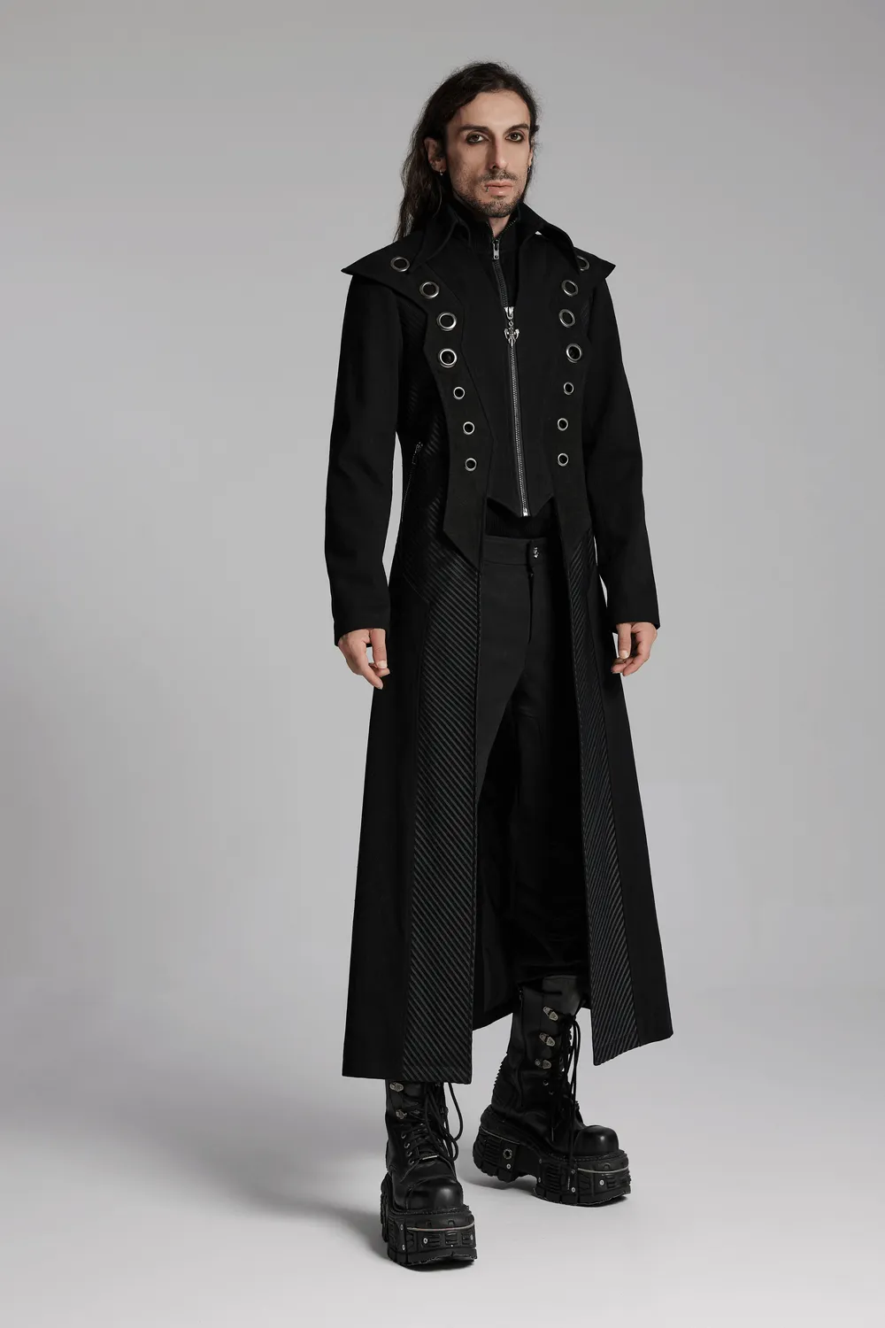 Men’s Punk Long Coat with Metal and Mesh Details