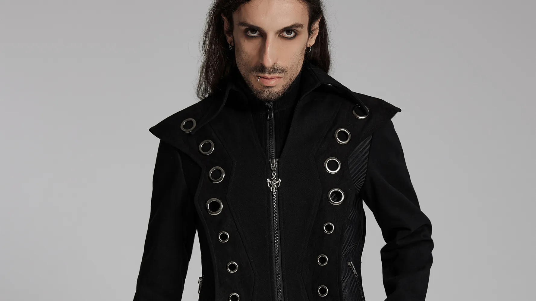 Men’s Punk Long Coat with Metal and Mesh Details