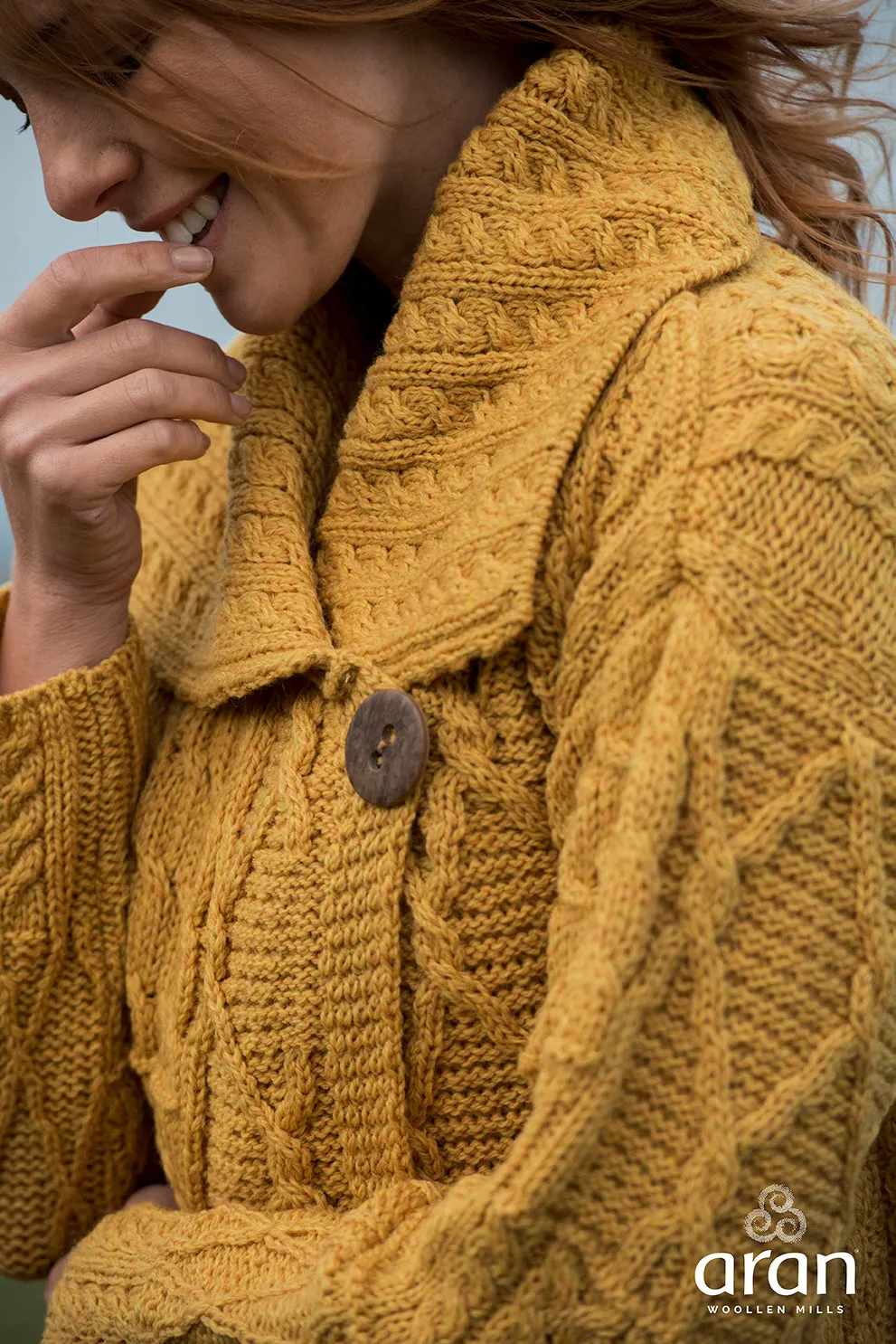 Merino Wool Patchwork Aran Cardigan with Collar