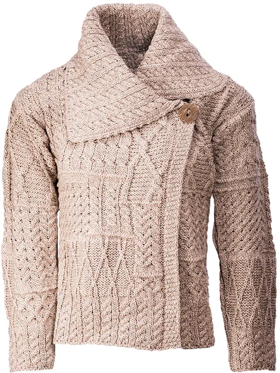 Merino Wool Patchwork Aran Cardigan with Collar