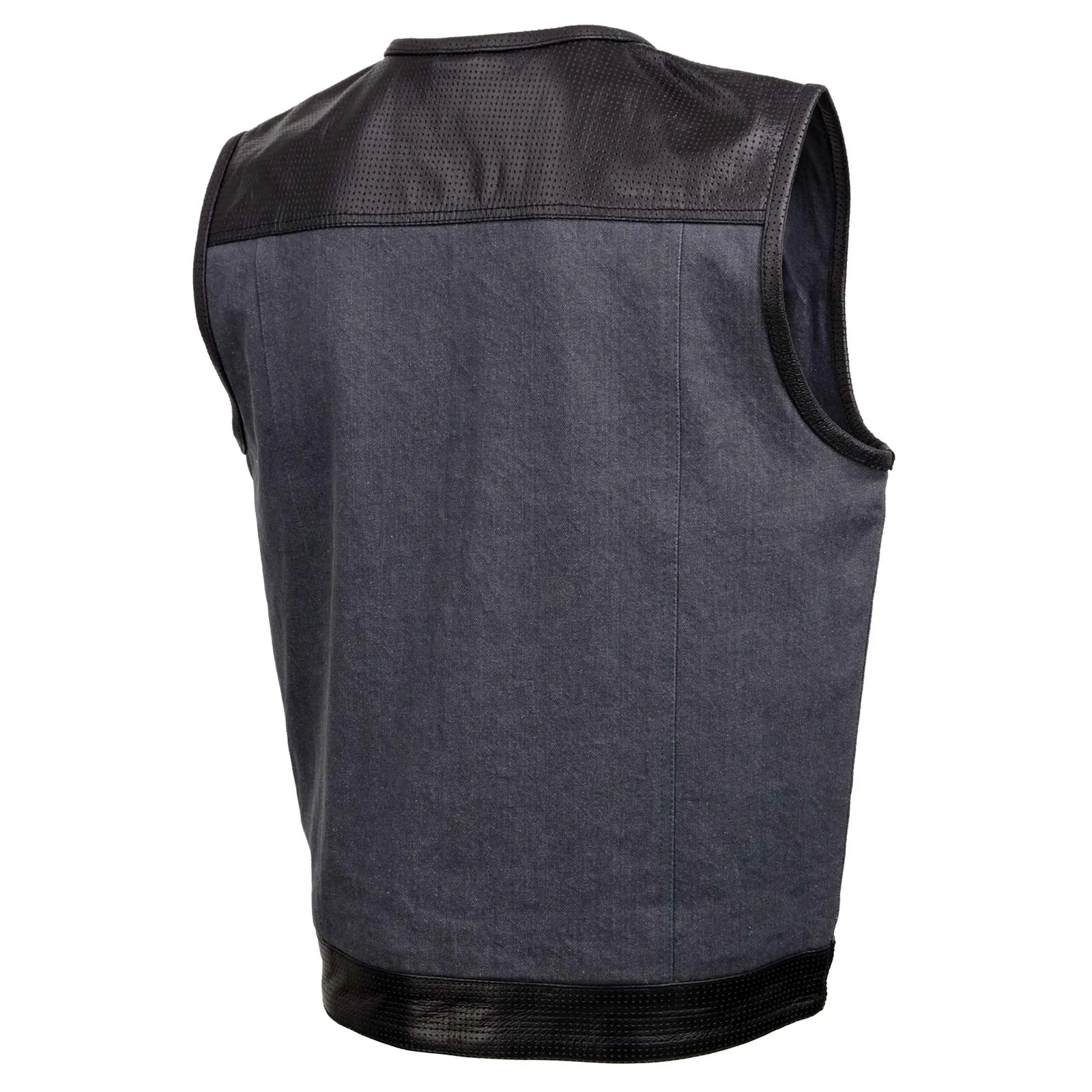 Milwaukee Leather MDM3005 Men's Brute Grey Denim w/ Black Perforated Leather Club Style Vest w/ Hidden Dual Closure