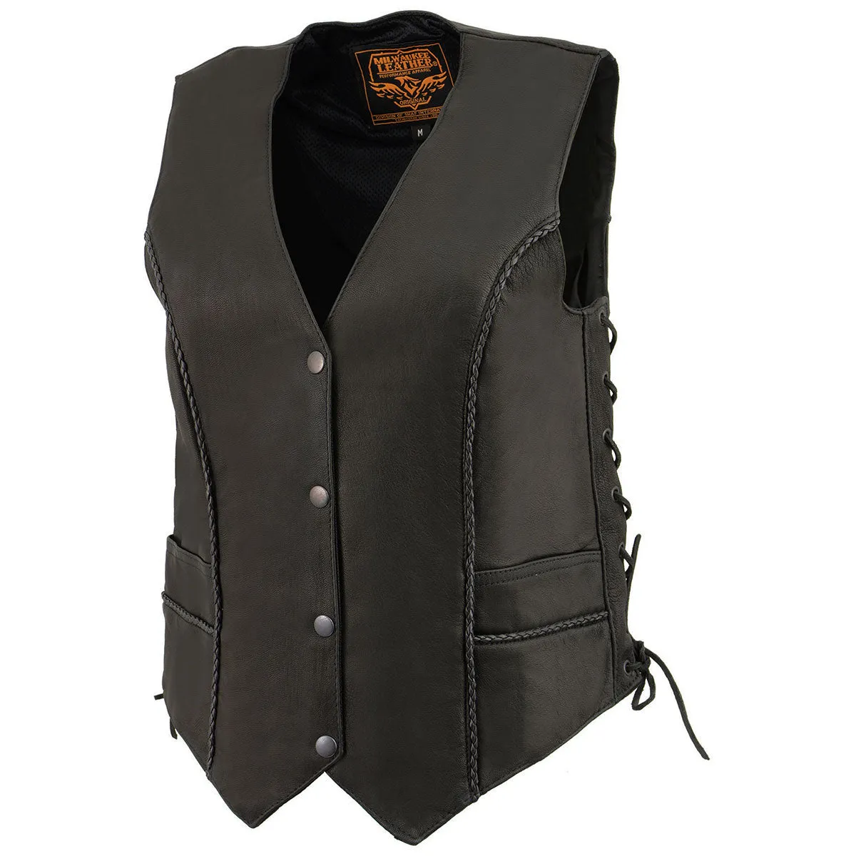 Milwaukee Leather MLL4560 Women's Black Premium Leather Classic Braided Side Lace Deep V-Neck Motorcycle Rider Vest