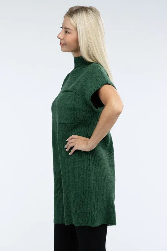 Mock Neck Short Sleeve Sweater Dress with Pocket