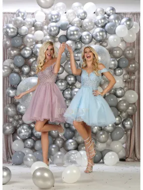 MQ 1663 - Off the Shoulder Homecoming Dress with Sheer Lace Applique V-Neck Bodice & Tulle Skirt