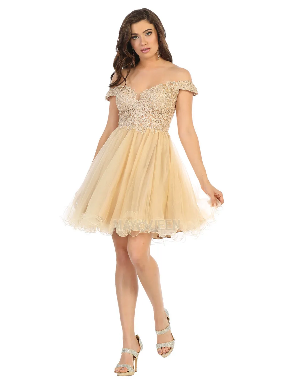 MQ 1663 - Off the Shoulder Homecoming Dress with Sheer Lace Applique V-Neck Bodice & Tulle Skirt