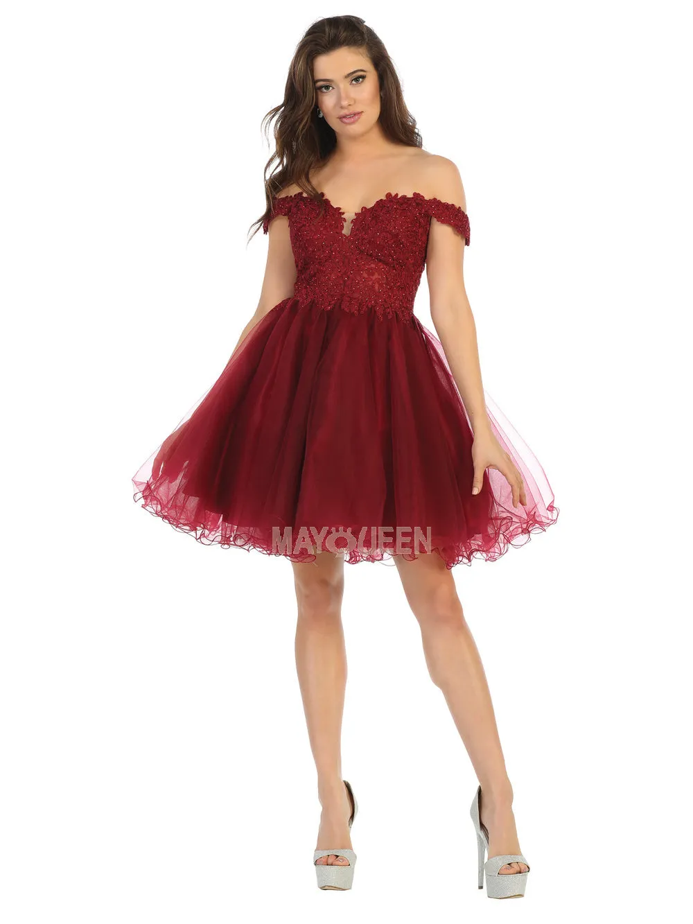 MQ 1663 - Off the Shoulder Homecoming Dress with Sheer Lace Applique V-Neck Bodice & Tulle Skirt