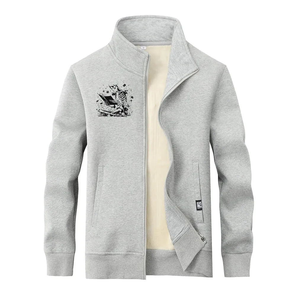 Multicolor Book Reading Skull Fleece Stand Collar Zip Cardigan