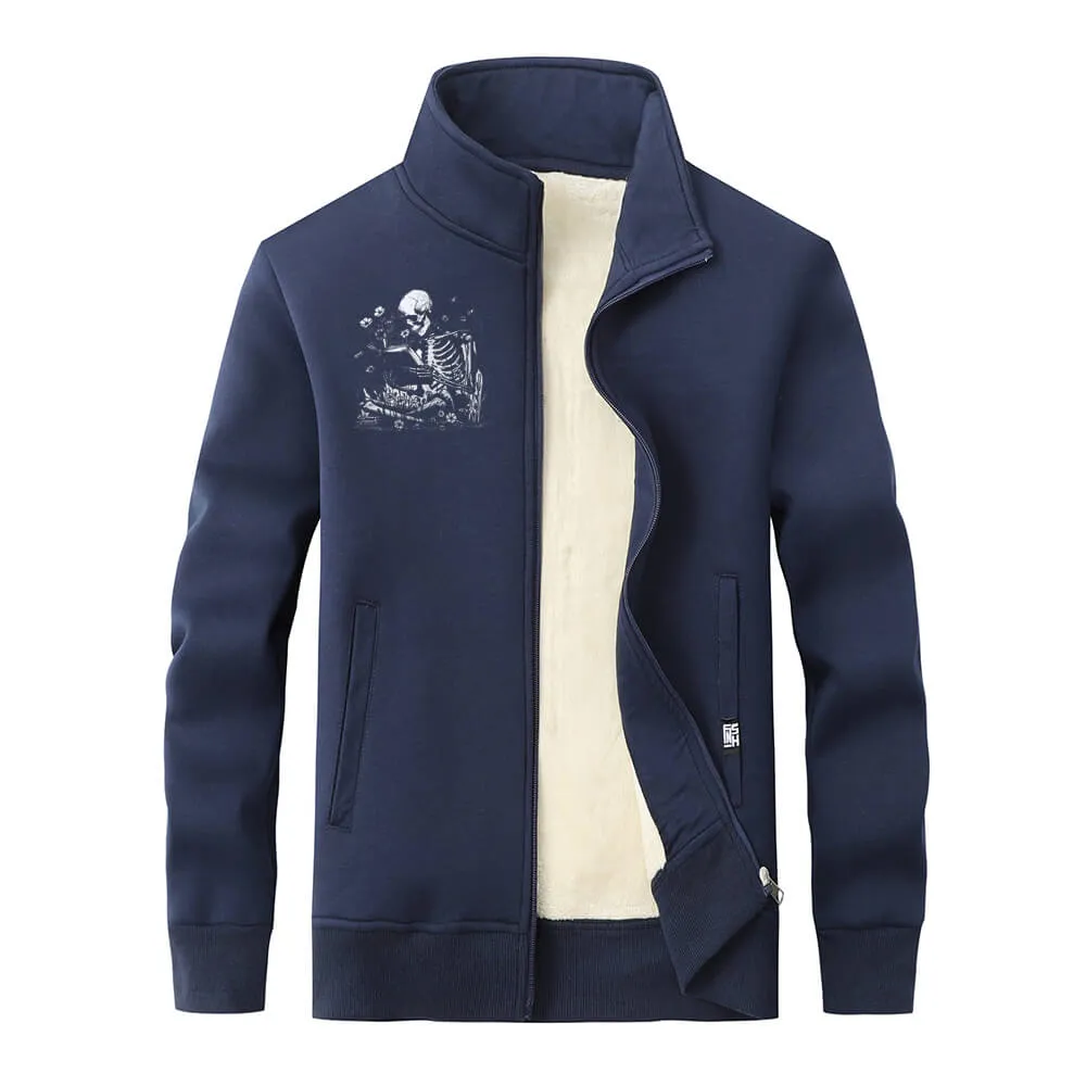 Multicolor Book Reading Skull Fleece Stand Collar Zip Cardigan