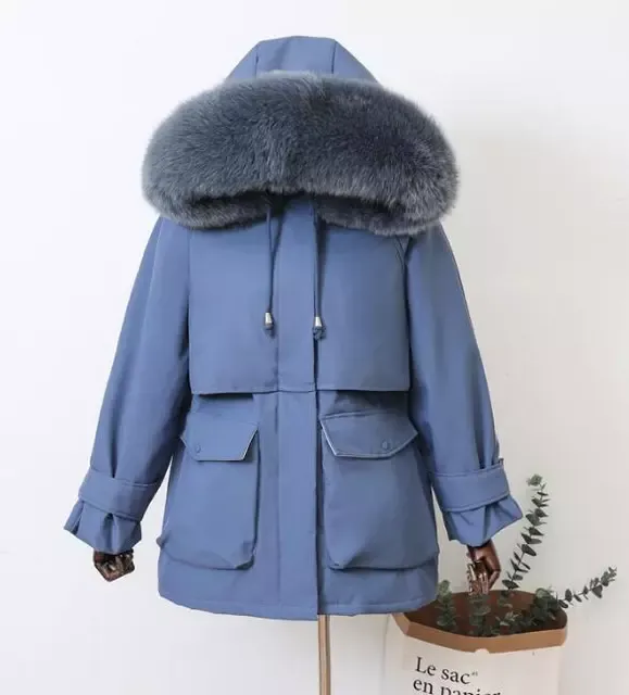 Natural Raccoon Fox Fur Hooded Down Coat Thick Warm Outerwear