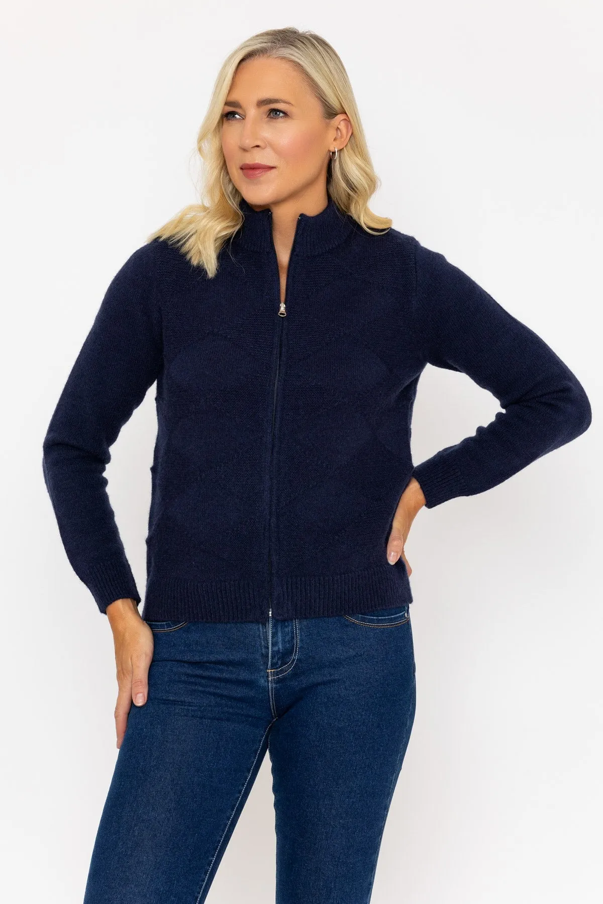 Navy Zip Up Knitted Cardigan