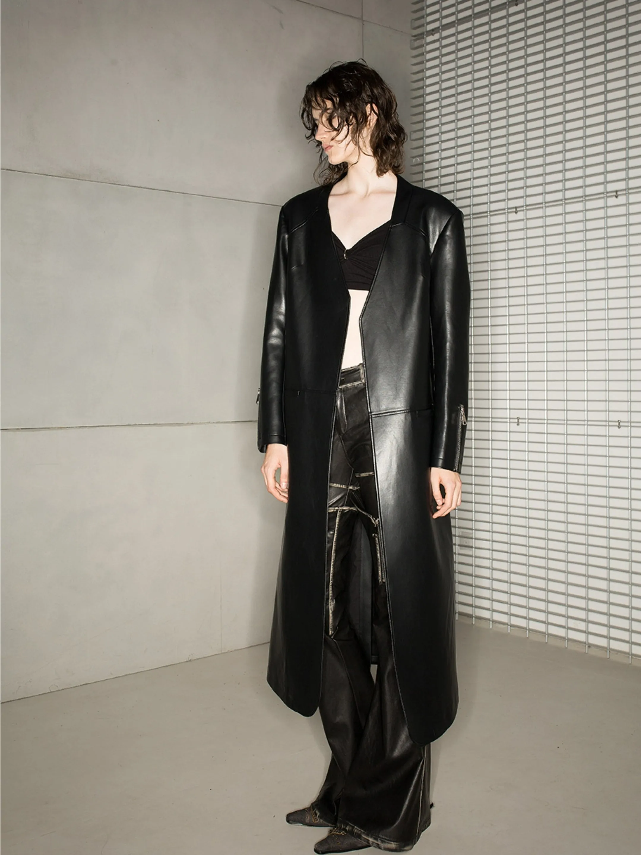 NORTH NODE Avant-Garde Leather Matrix Coat - Jet Black