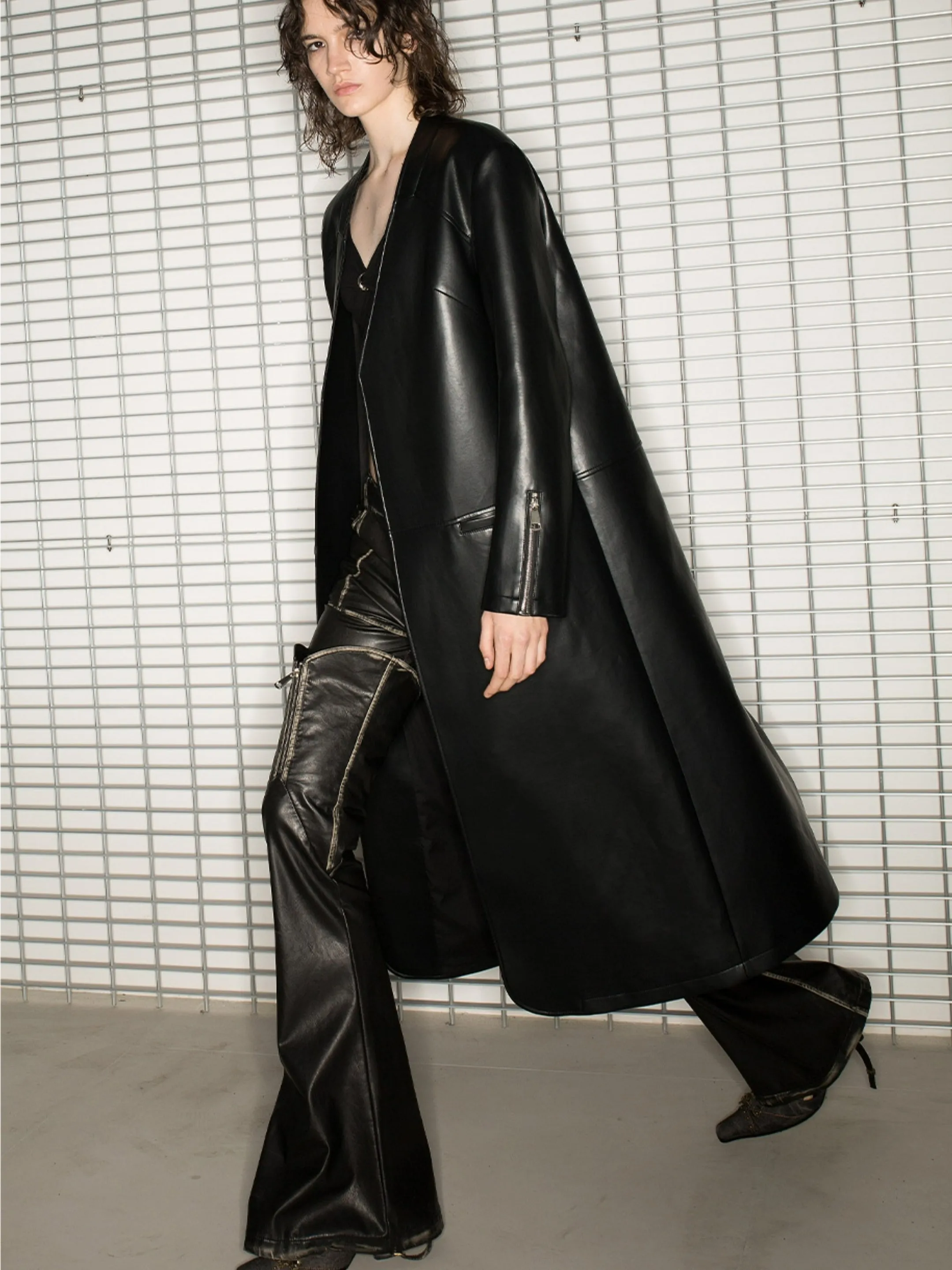 NORTH NODE Avant-Garde Leather Matrix Coat - Jet Black