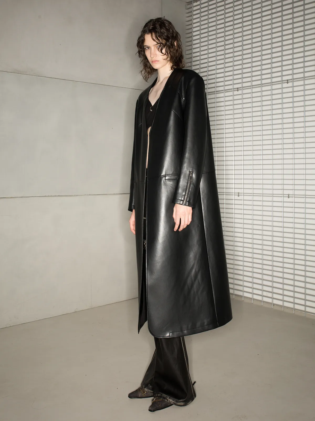 NORTH NODE Avant-Garde Leather Matrix Coat - Jet Black